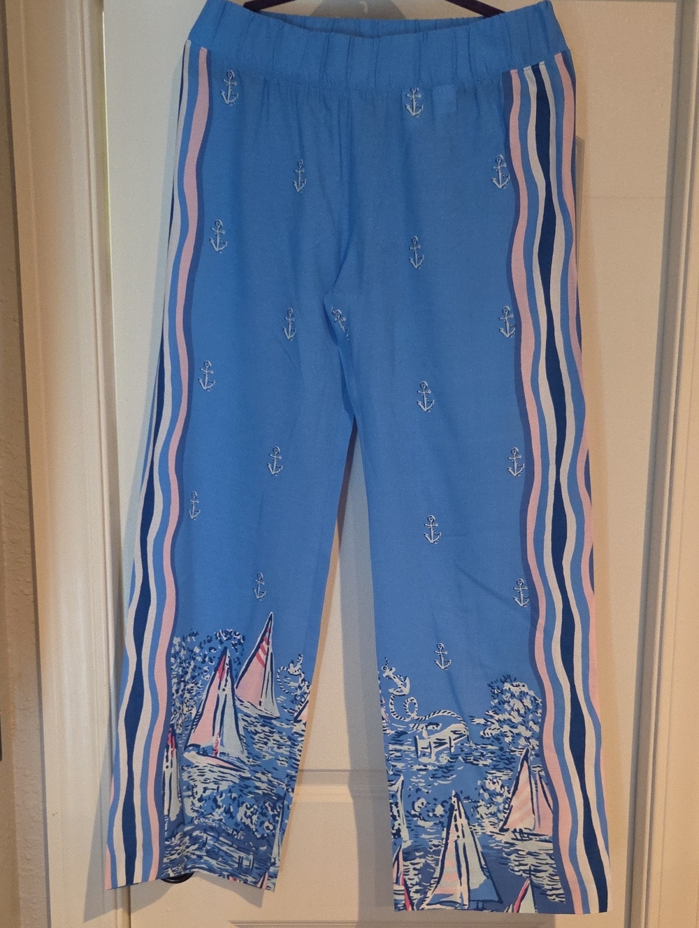 Lilly Pulitzer Blue Sailboat Wide-Leg Pants with Pink & Navy Stripes